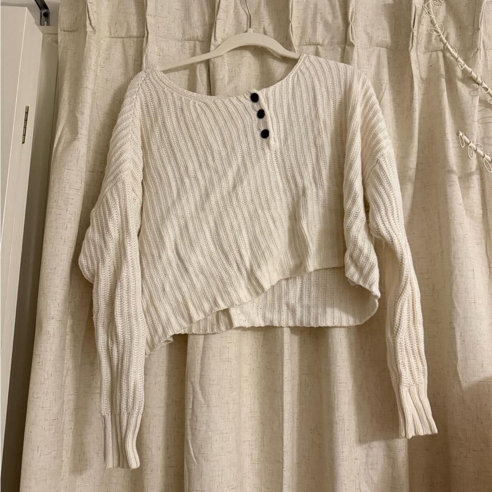 American Eagle Cream Cropped Knit Sweater with Button Detail